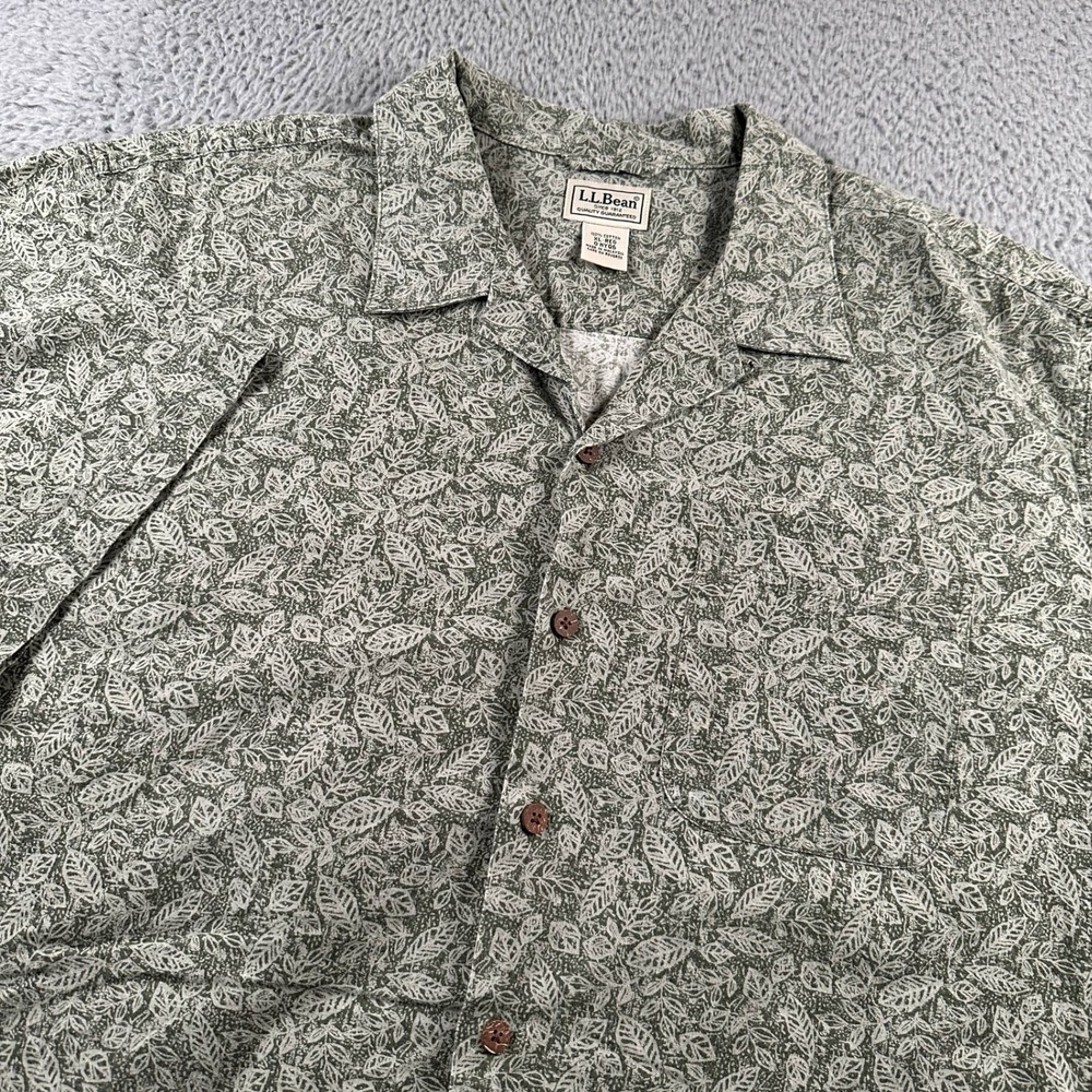 LLBean Camp Shirt Mens XL Short Sleeve Button Front Leaf Print Green Cotton